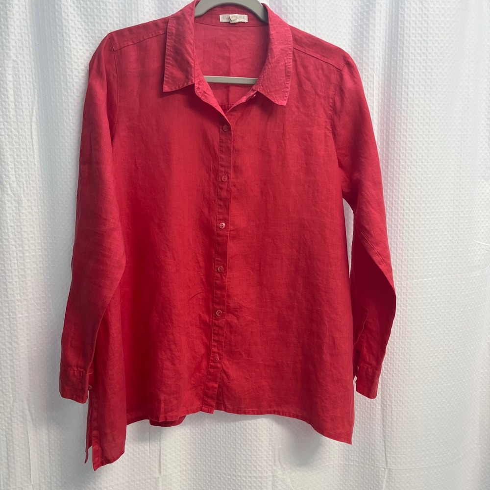 Eileen Fisher Red 100% Organic Linen Button Down Shirt PM Asymmetrical Hem